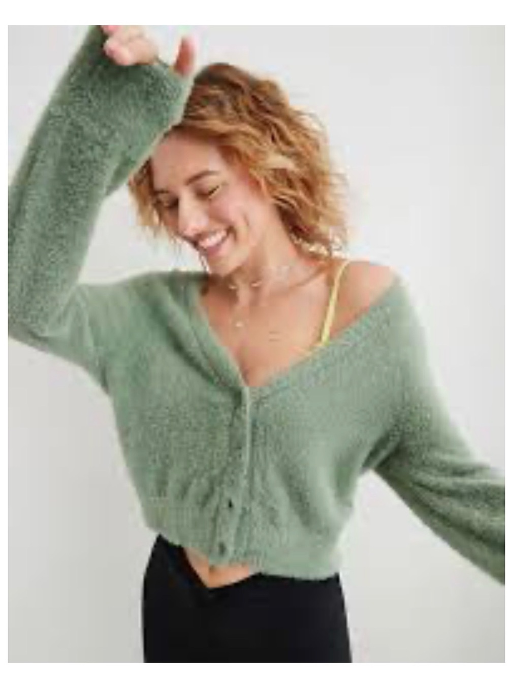 aerie Cropped Fuzzy V-Neck Cardigan in Sage Green